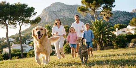 Familia con dos niños corriendo en un jardín junto a su perro golden retriever y gato atigrado en un día soleado de verano con montañas mediterráneas de fondo